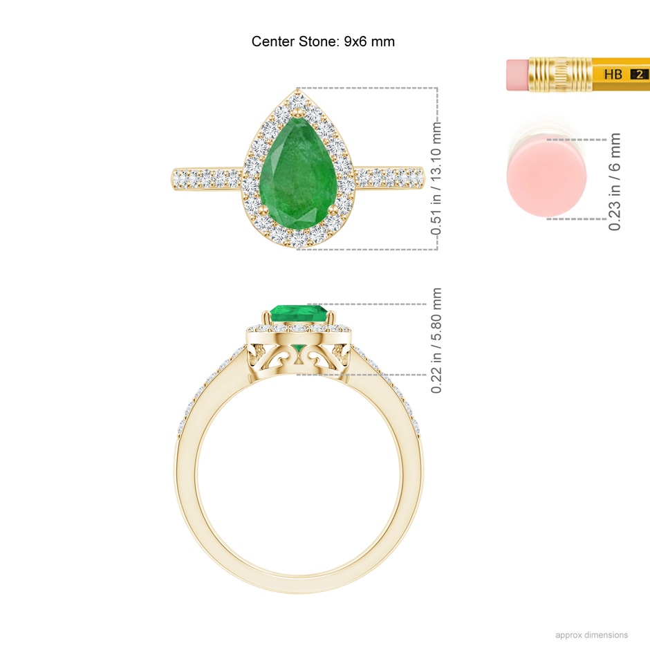 9x6mm A Pear Emerald Ring with Diamond Halo in Yellow Gold ruler