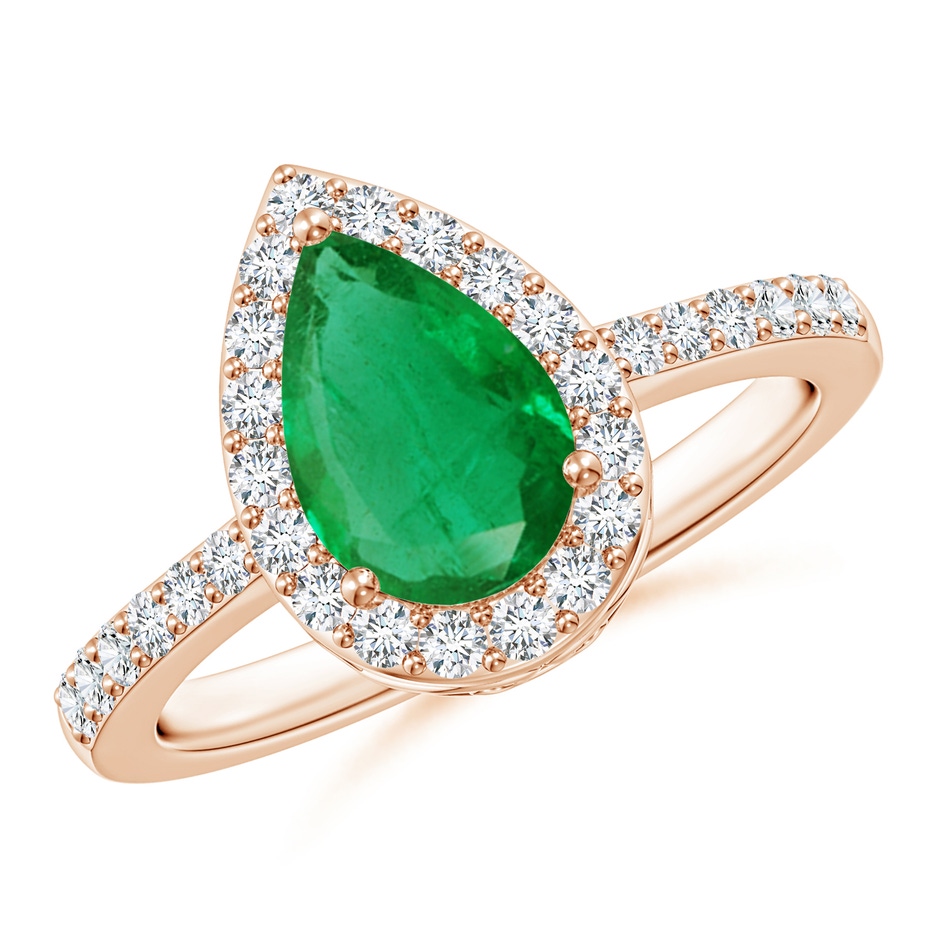 9x6mm AA Pear Emerald Ring with Diamond Halo in Rose Gold 
