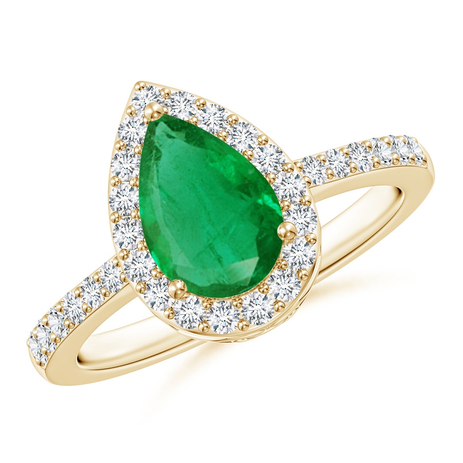 9x6mm AA Pear Emerald Ring with Diamond Halo in Yellow Gold 