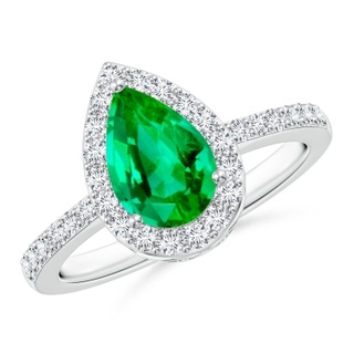 9x6mm AAA Pear Emerald Ring with Diamond Halo in White Gold
