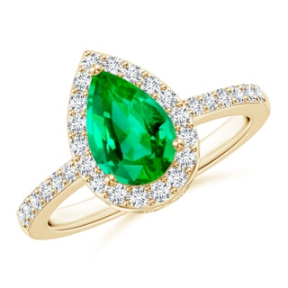 9x6mm AAA Pear Emerald Ring with Diamond Halo in Yellow Gold