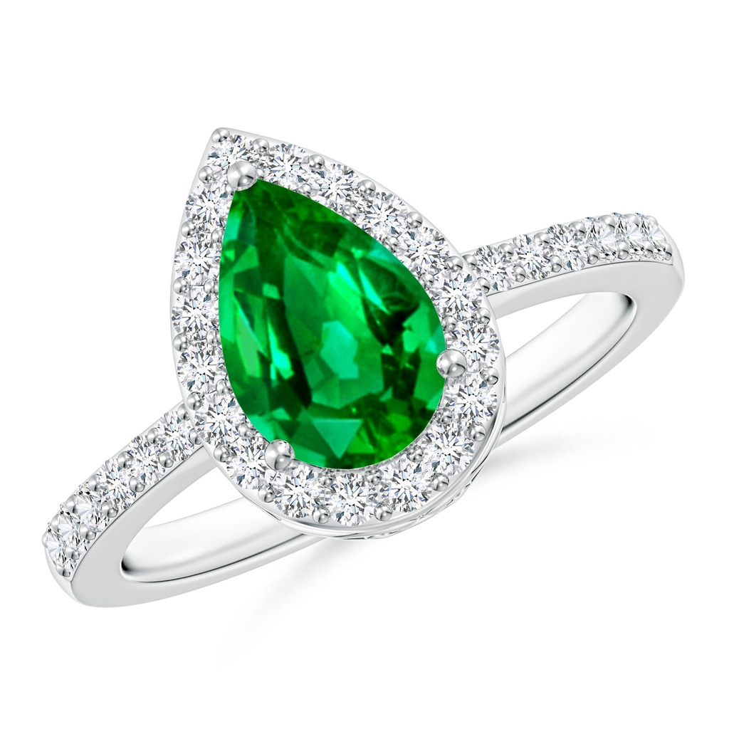9x6mm AAAA Pear Emerald Ring with Diamond Halo in P950 Platinum