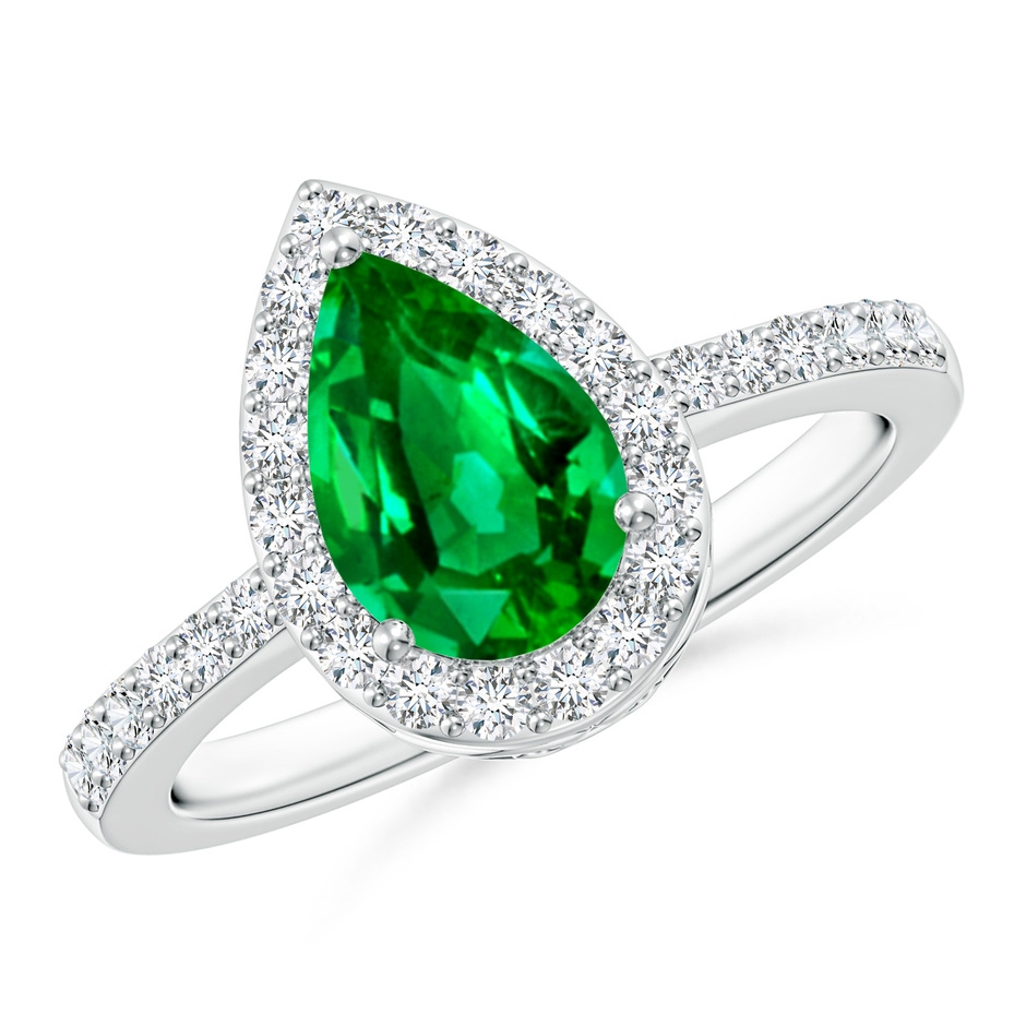 9x6mm AAAA Pear Emerald Ring with Diamond Halo in P950 Platinum 