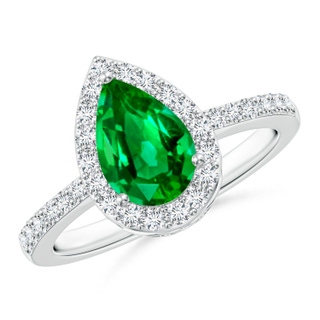 9x6mm AAAA Pear Emerald Ring with Diamond Halo in White Gold