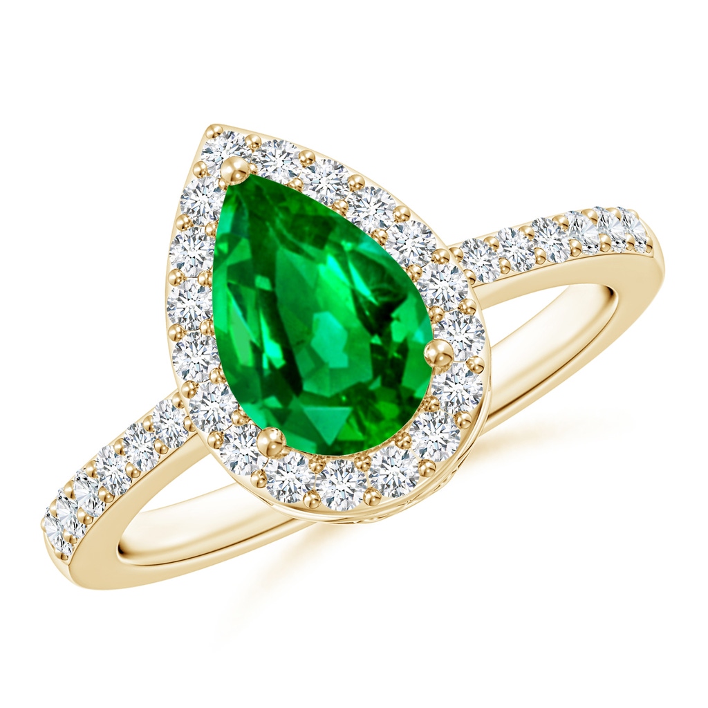 9x6mm AAAA Pear Emerald Ring with Diamond Halo in Yellow Gold