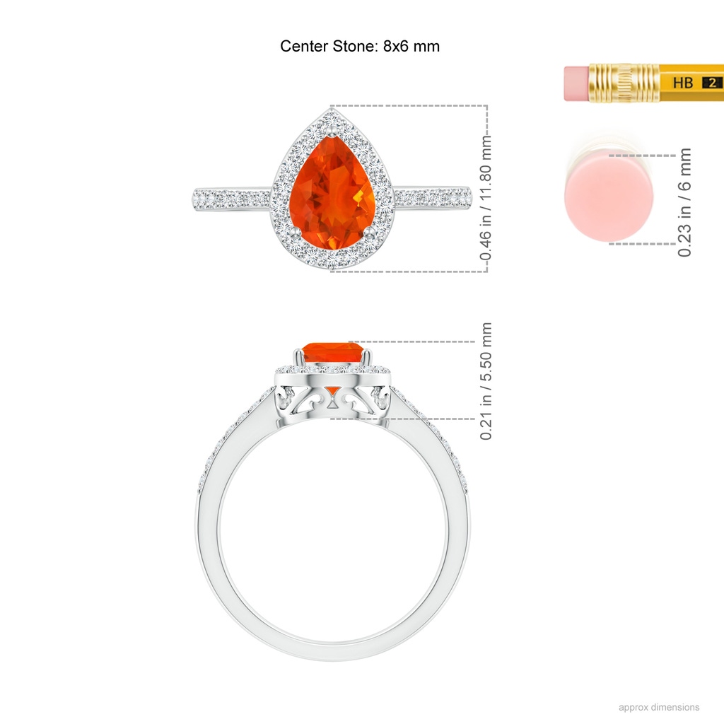 8x6mm AAA Pear Fire Opal Ring with Diamond Halo in White Gold Ruler