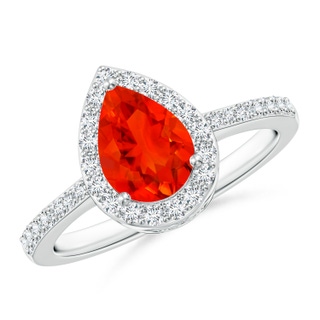 8x6mm AAAA Pear Fire Opal Ring with Diamond Halo in P950 Platinum