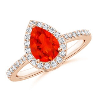 8x6mm AAAA Pear Fire Opal Ring with Diamond Halo in Rose Gold