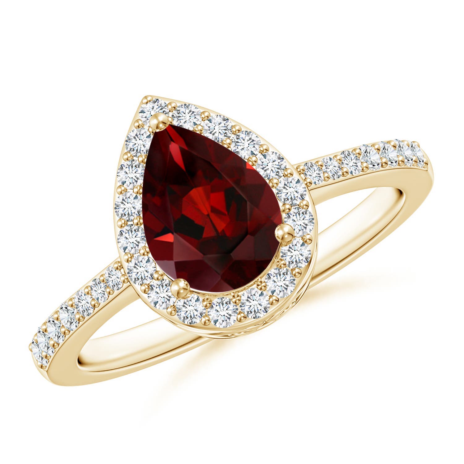 8x6mm AAA Prong-Set Pear Garnet Ring with Diamond Halo in 18K Yellow Gold