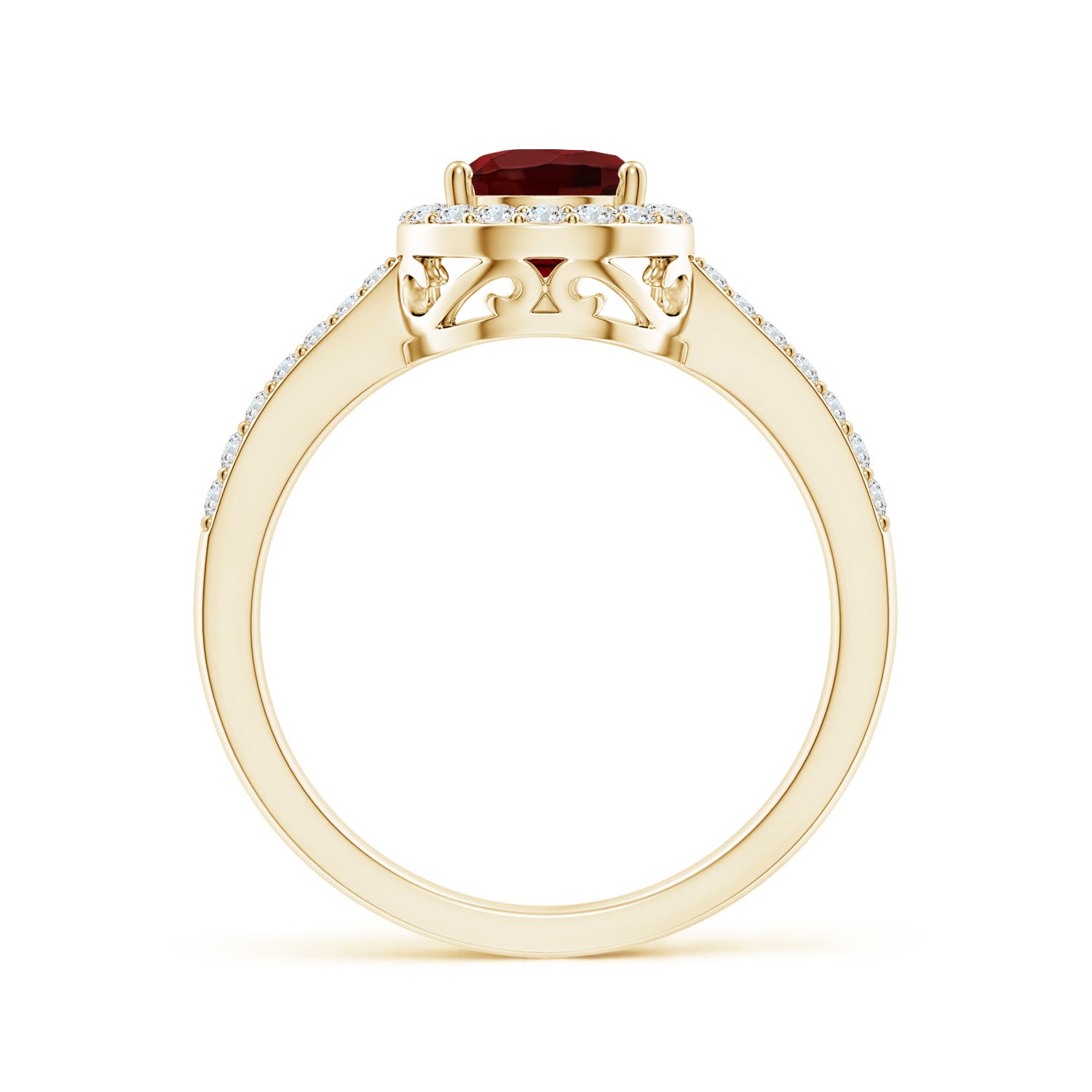 8x6mm AAA Prong-Set Pear Garnet Ring with Diamond Halo in 18K Yellow Gold