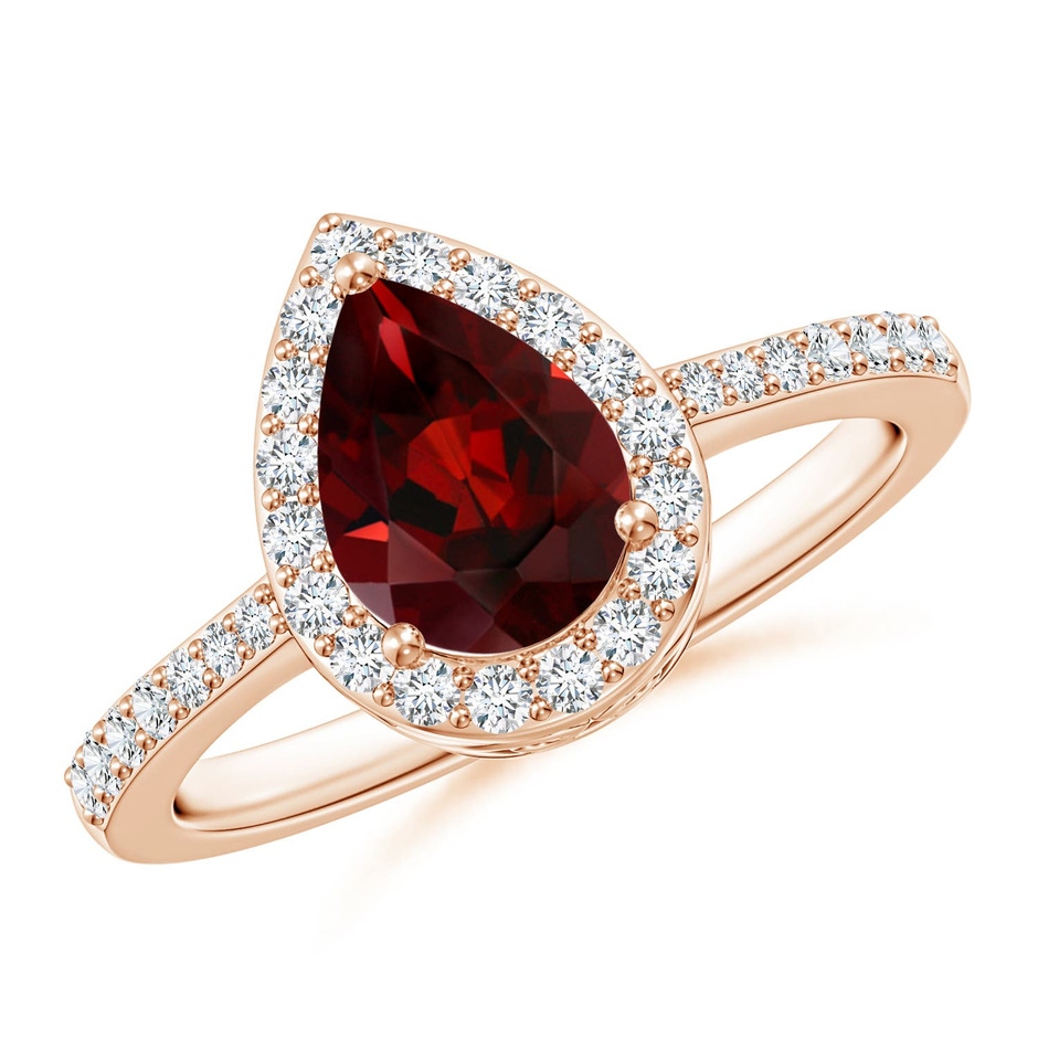 8x6mm AAA Prong-Set Pear Garnet Ring with Diamond Halo in Rose Gold 