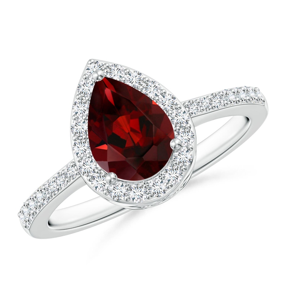 8x6mm AAA Prong-Set Pear Garnet Ring with Diamond Halo in White Gold 
