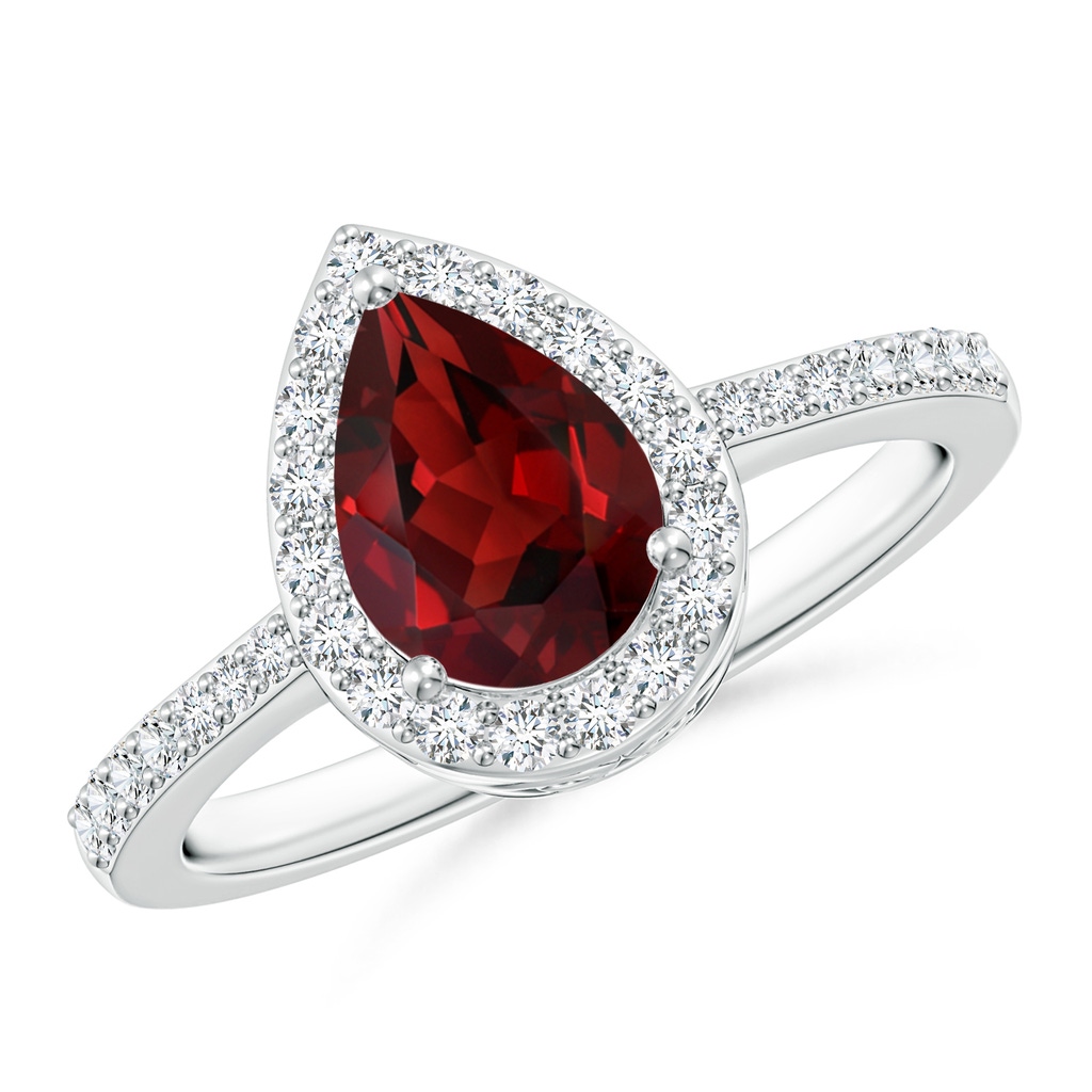 8x6mm AAAA Pear Garnet Ring with Diamond Halo in P950 Platinum