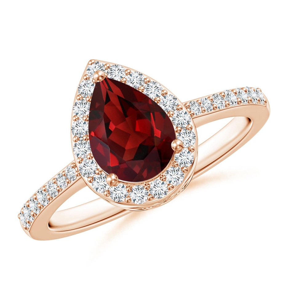 8x6mm AAAA Prong-Set Pear Garnet Ring with Diamond Halo in Rose Gold 