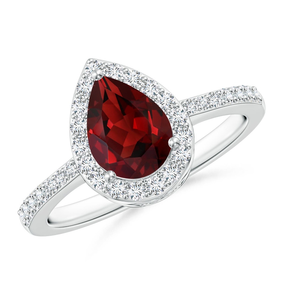 8x6mm AAAA Prong-Set Pear Garnet Ring with Diamond Halo in White Gold 