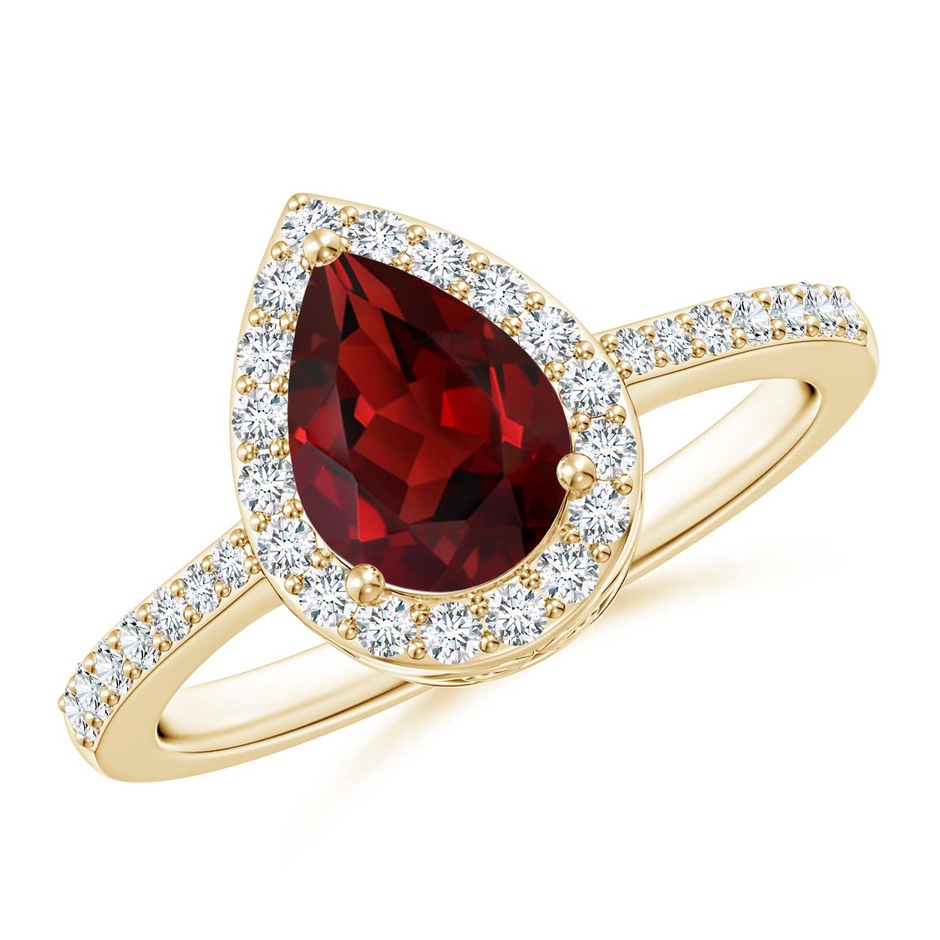 8x6mm AAAA Prong-Set Pear Garnet Ring with Diamond Halo in Yellow Gold 