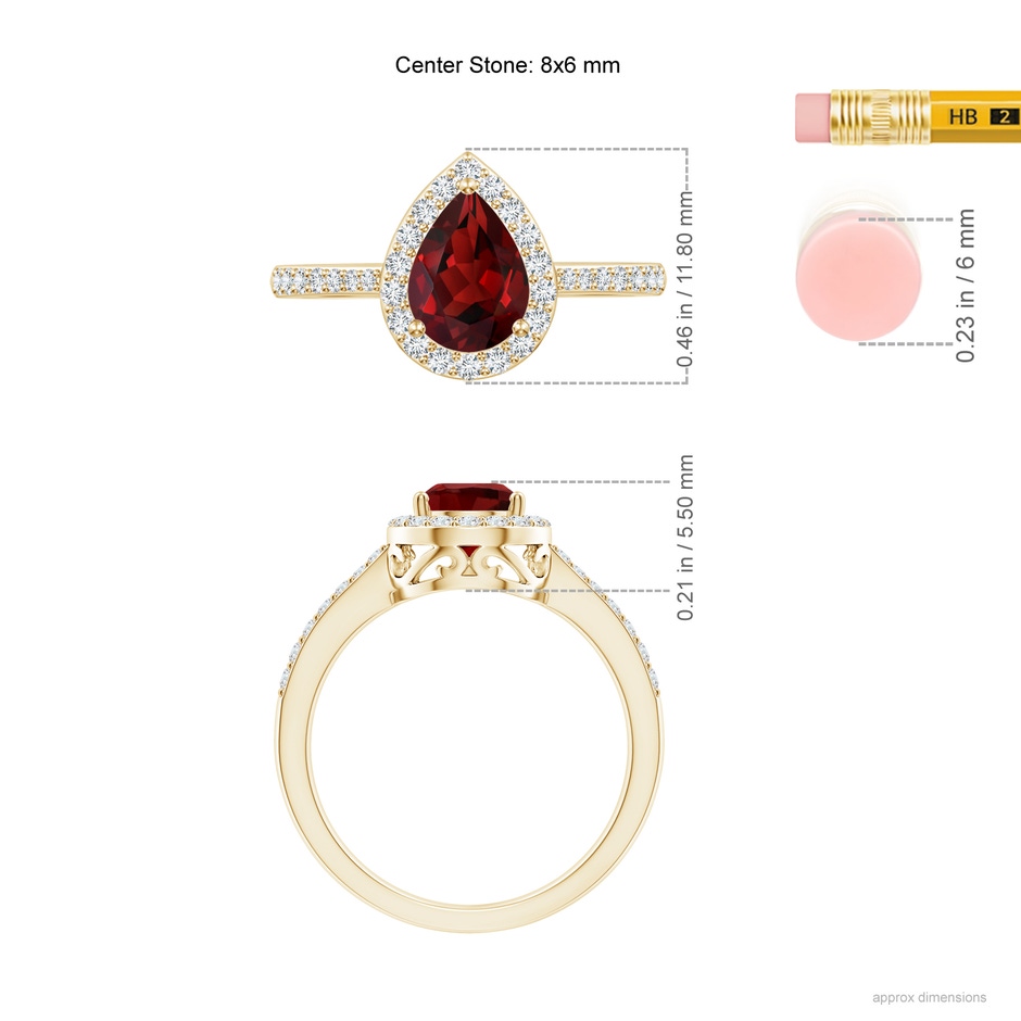 8x6mm AAAA Prong-Set Pear Garnet Ring with Diamond Halo in Yellow Gold ruler