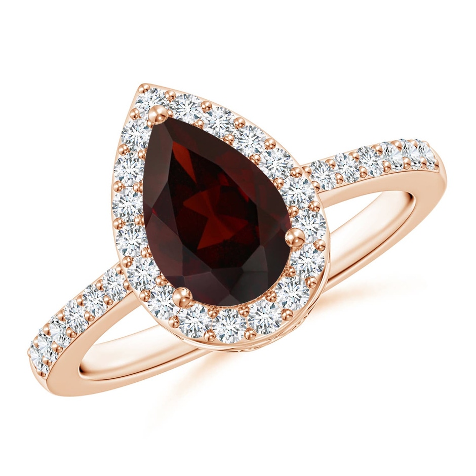 9x6mm A Prong-Set Pear Garnet Ring with Diamond Halo in Rose Gold 