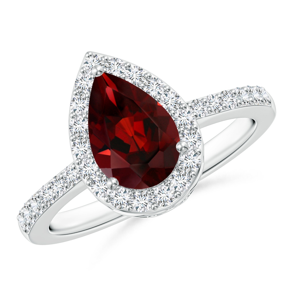 9x6mm AAA Pear Garnet Ring with Diamond Halo in White Gold