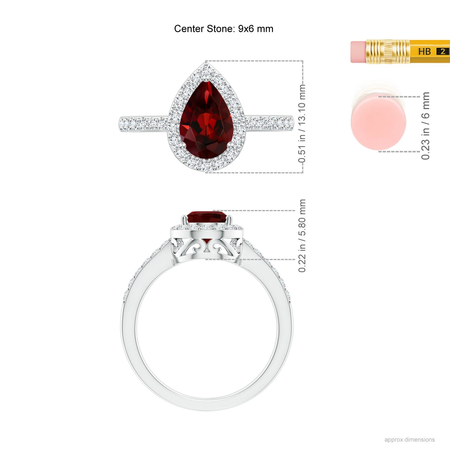 9x6mm AAA Prong-Set Pear Garnet Ring with Diamond Halo in White Gold - ruler