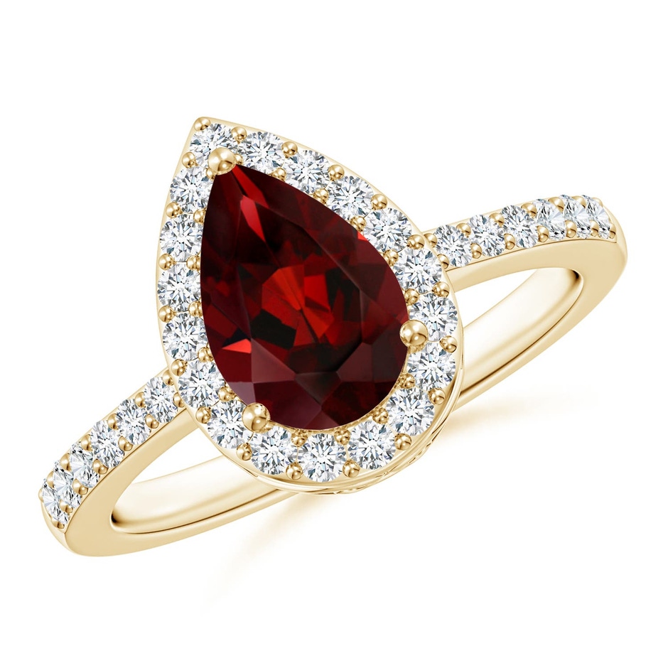 9x6mm AAA Prong-Set Pear Garnet Ring with Diamond Halo in Yellow Gold 