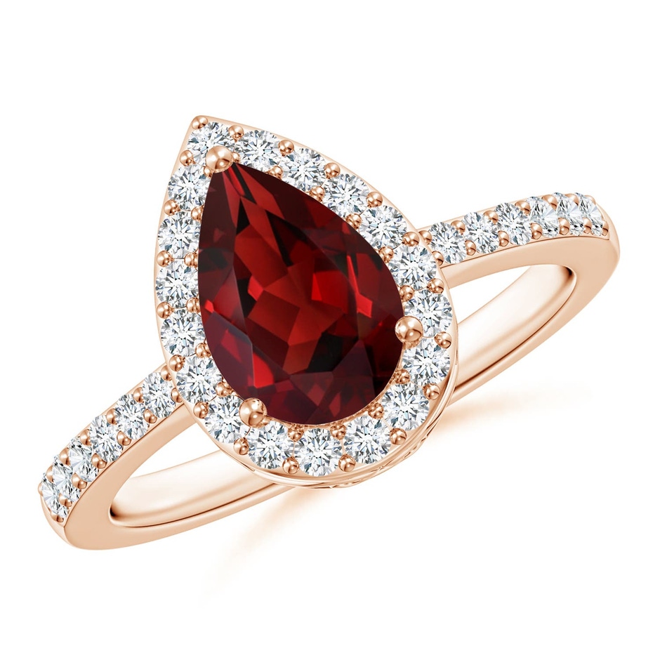 9x6mm AAAA Prong-Set Pear Garnet Ring with Diamond Halo in 18K Rose Gold 