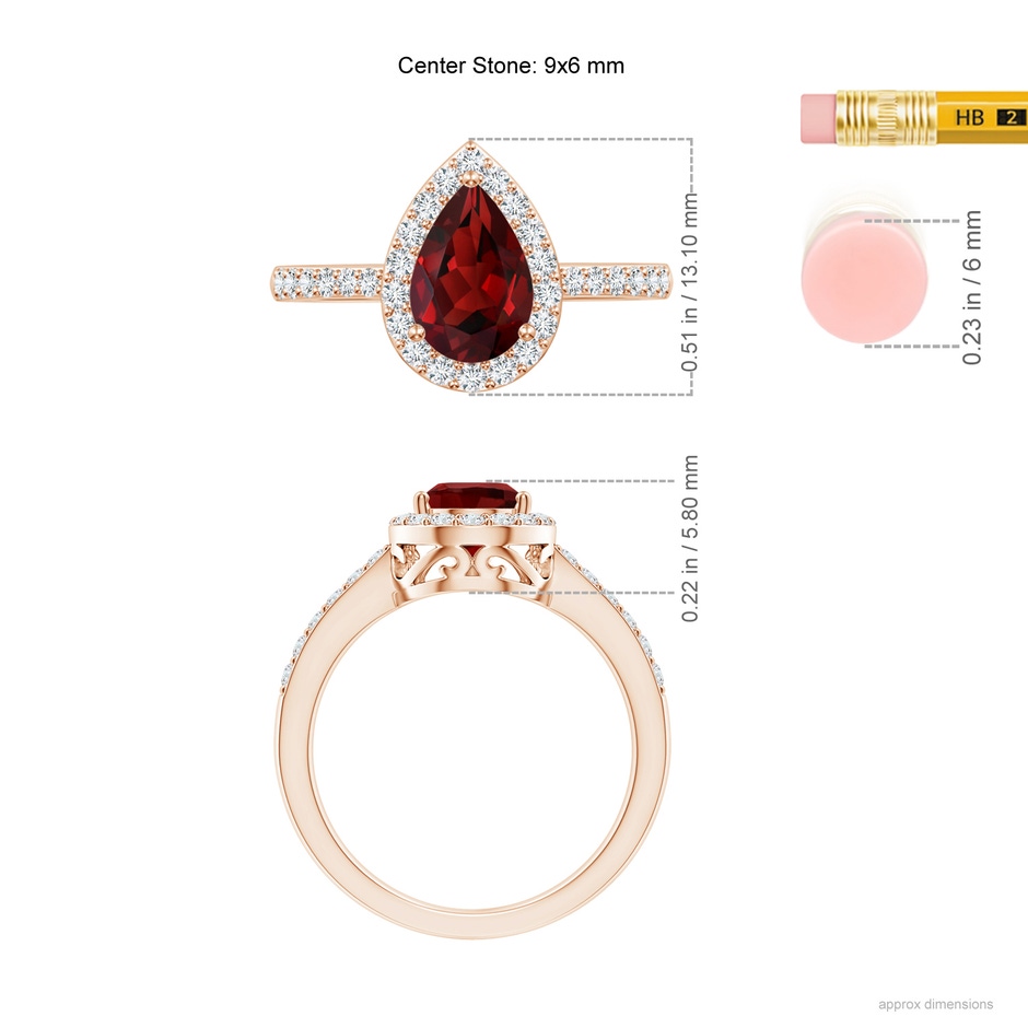 9x6mm AAAA Prong-Set Pear Garnet Ring with Diamond Halo in 18K Rose Gold ruler