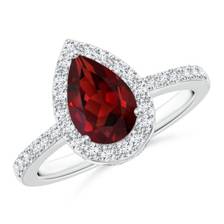 9x6mm AAAA Pear Garnet Ring with Diamond Halo in P950 Platinum
