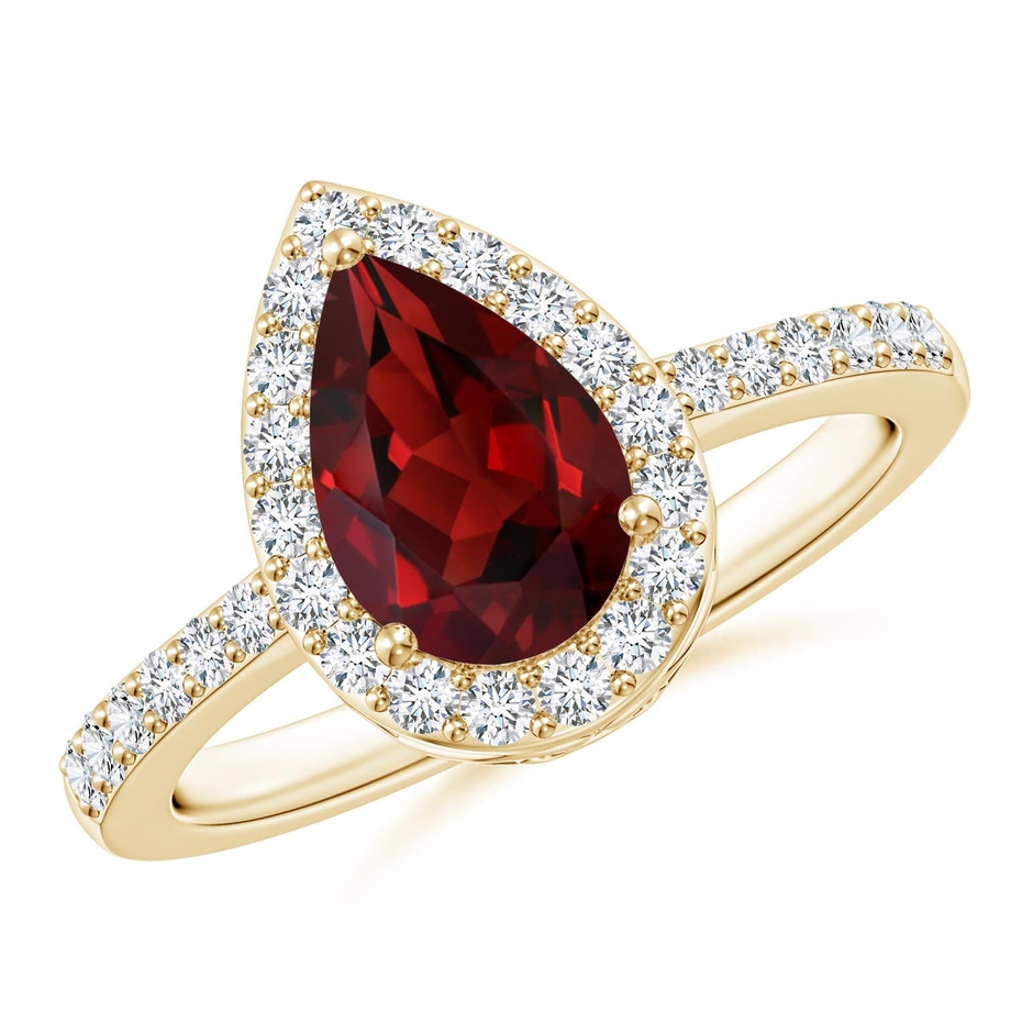 9x6mm AAAA Prong-Set Pear Garnet Ring with Diamond Halo in Yellow Gold 