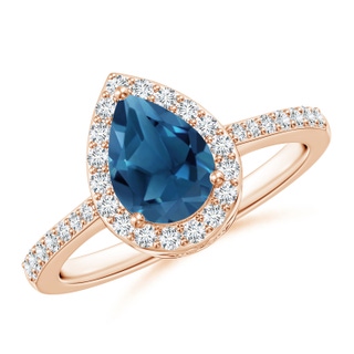 8x6mm AA Pear London Blue Topaz Ring with Diamond Halo in Rose Gold