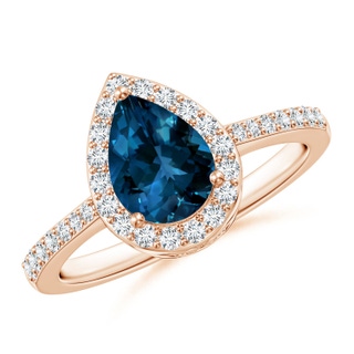 8x6mm AAAA Prong-Set Pear London Blue Topaz Ring with Diamond Halo in 10K Rose Gold