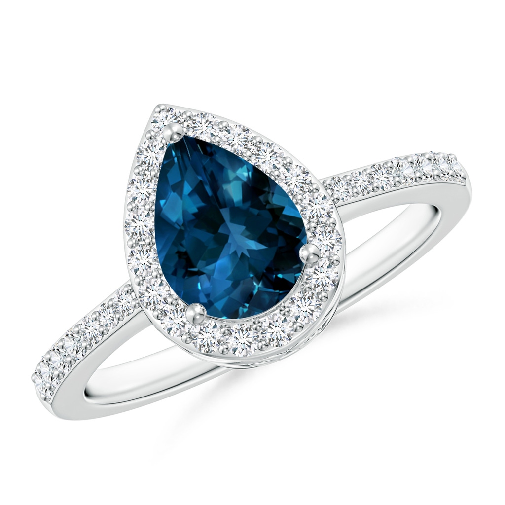 8x6mm AAAA Pear London Blue Topaz Ring with Diamond Halo in P950 Platinum