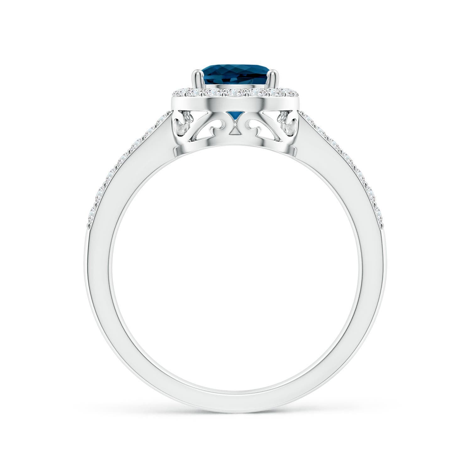 8x6mm AAAA Prong-Set Pear London Blue Topaz Ring with Diamond Halo in White Gold - side 2