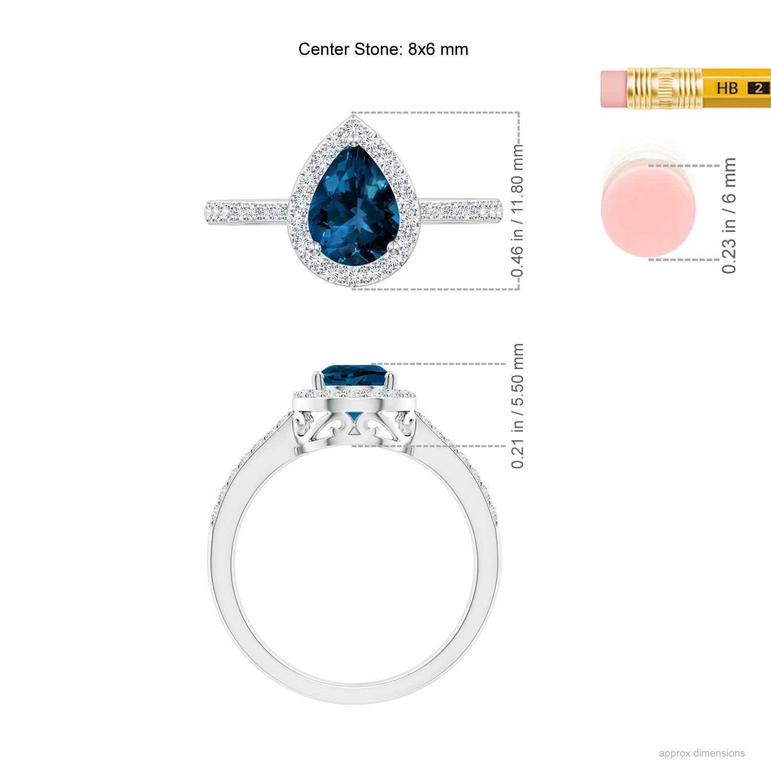 8x6mm AAAA Prong-Set Pear London Blue Topaz Ring with Diamond Halo in White Gold - ruler