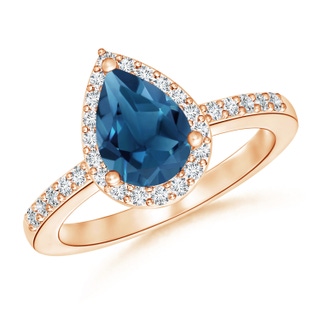 9x6mm AA Pear London Blue Topaz Ring with Diamond Halo in 9K Rose Gold