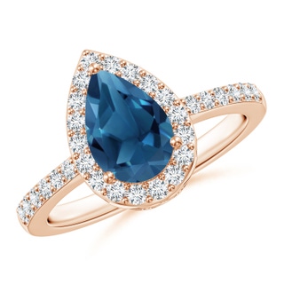 9x6mm AA Pear London Blue Topaz Ring with Diamond Halo in Rose Gold