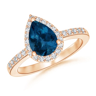 9x6mm AAA Pear London Blue Topaz Ring with Diamond Halo in 9K Rose Gold