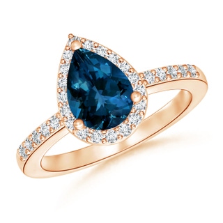9x6mm AAAA Pear London Blue Topaz Ring with Diamond Halo in 9K Rose Gold
