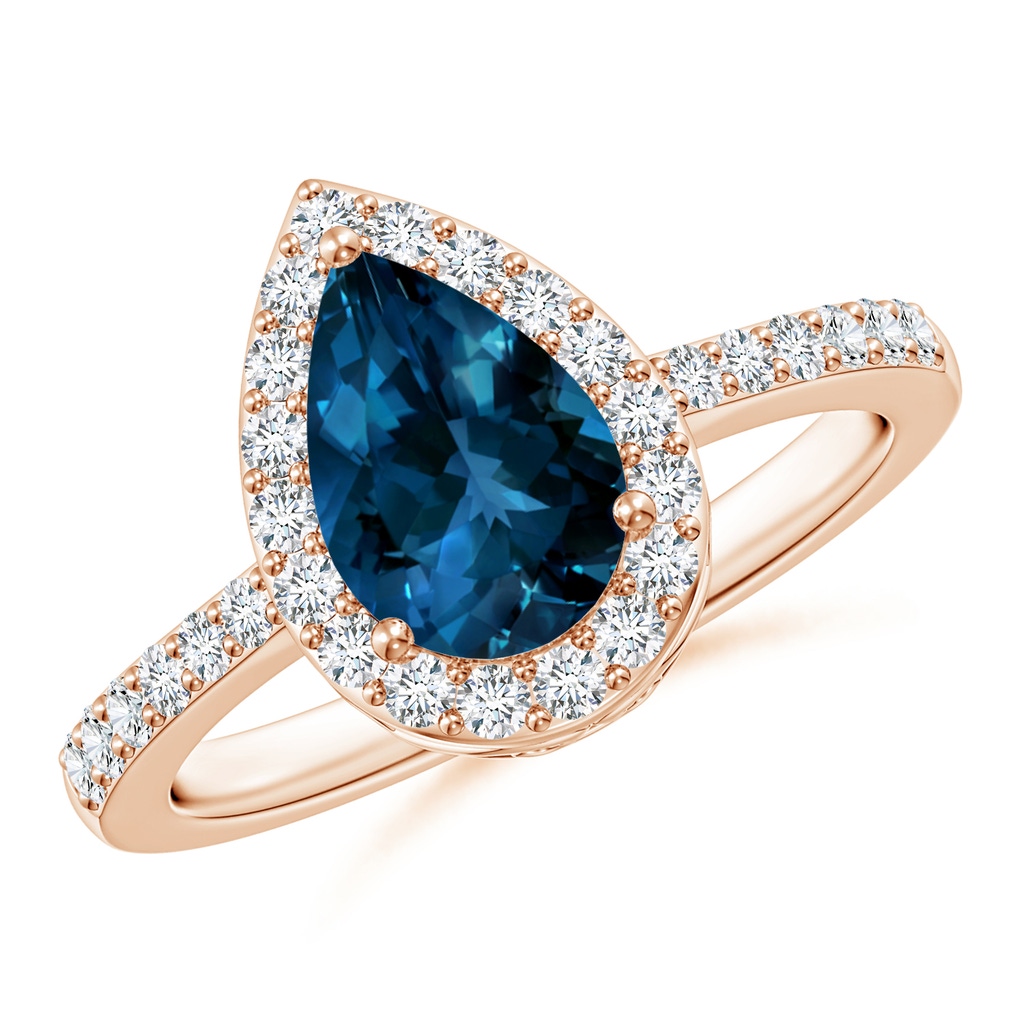 9x6mm AAAA Pear London Blue Topaz Ring with Diamond Halo in Rose Gold