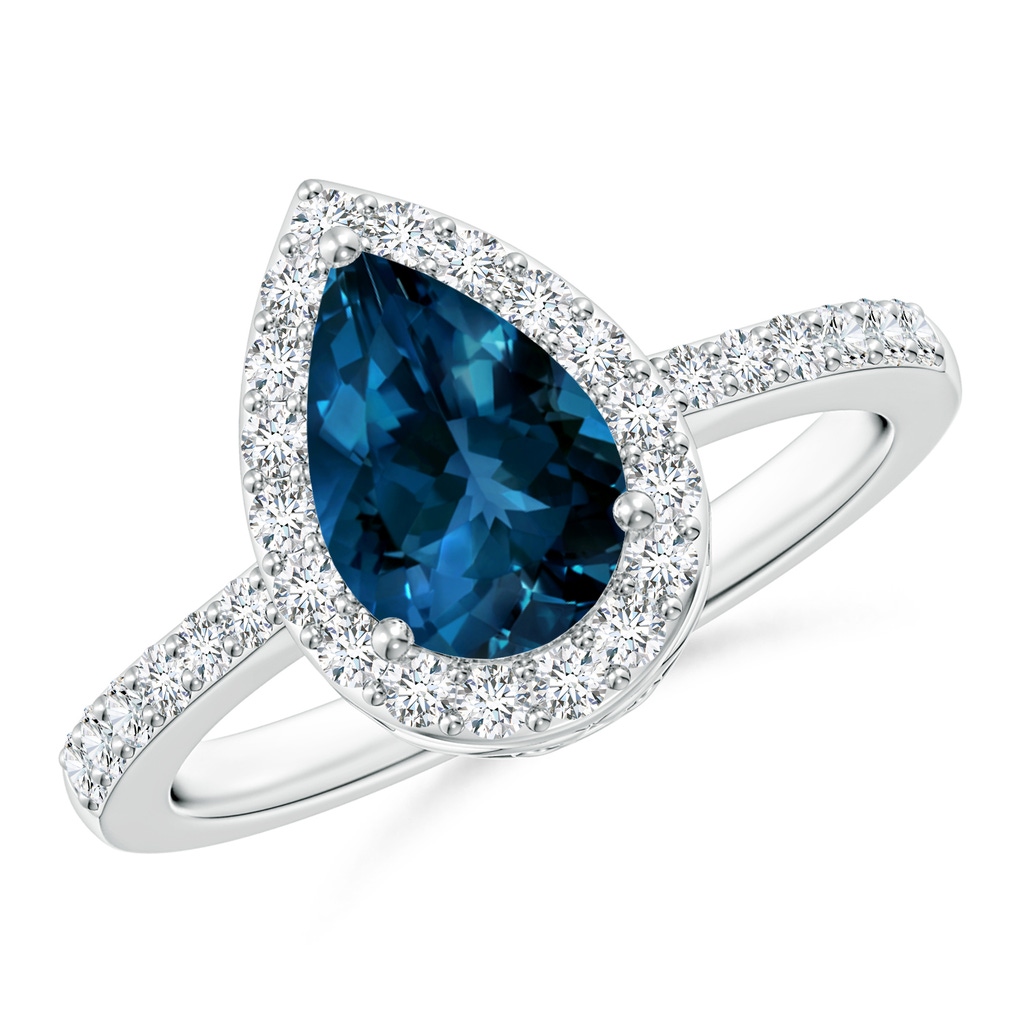 9x6mm AAAA Pear London Blue Topaz Ring with Diamond Halo in White Gold