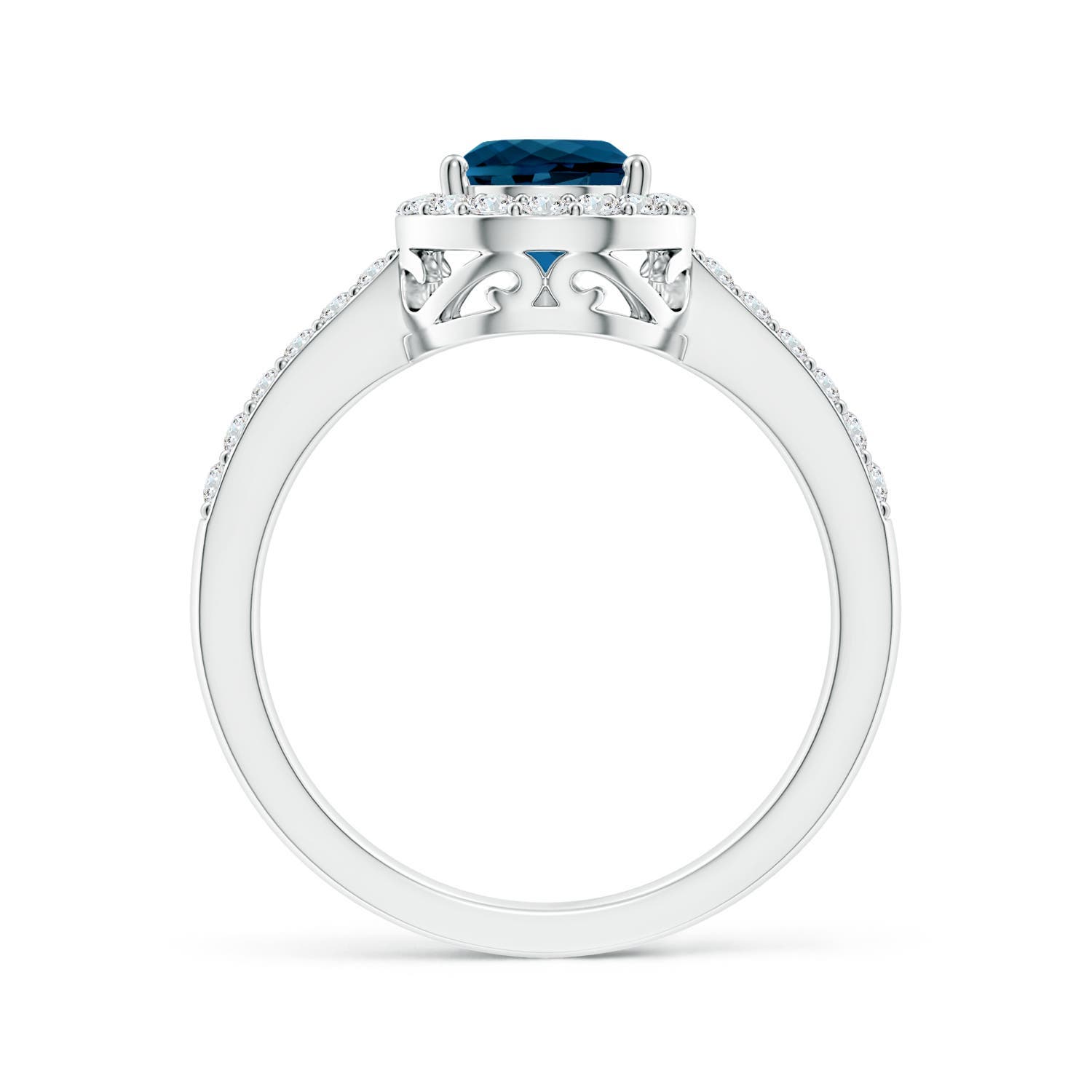 9x6mm AAAA Prong-Set Pear London Blue Topaz Ring with Diamond Halo in White Gold - side 2