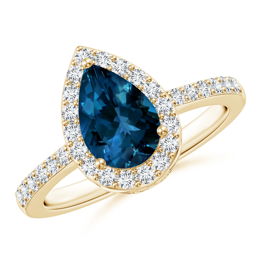 9x6mm AAAA Pear London Blue Topaz Ring with Diamond Halo in Yellow Gold