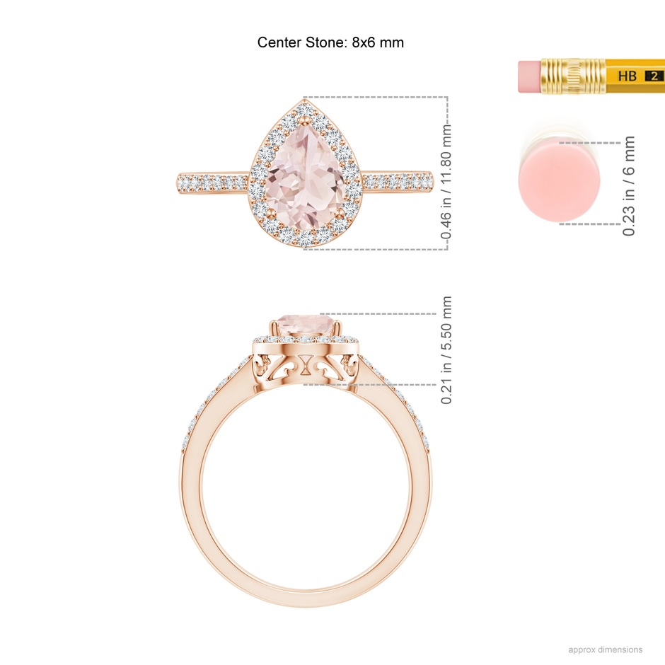 8x6mm A Prong-Set Pear Morganite Ring with Diamond Halo in Rose Gold ruler