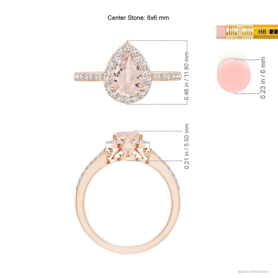 8x6mm AA Prong-Set Pear Morganite Ring with Diamond Halo in Rose Gold ruler