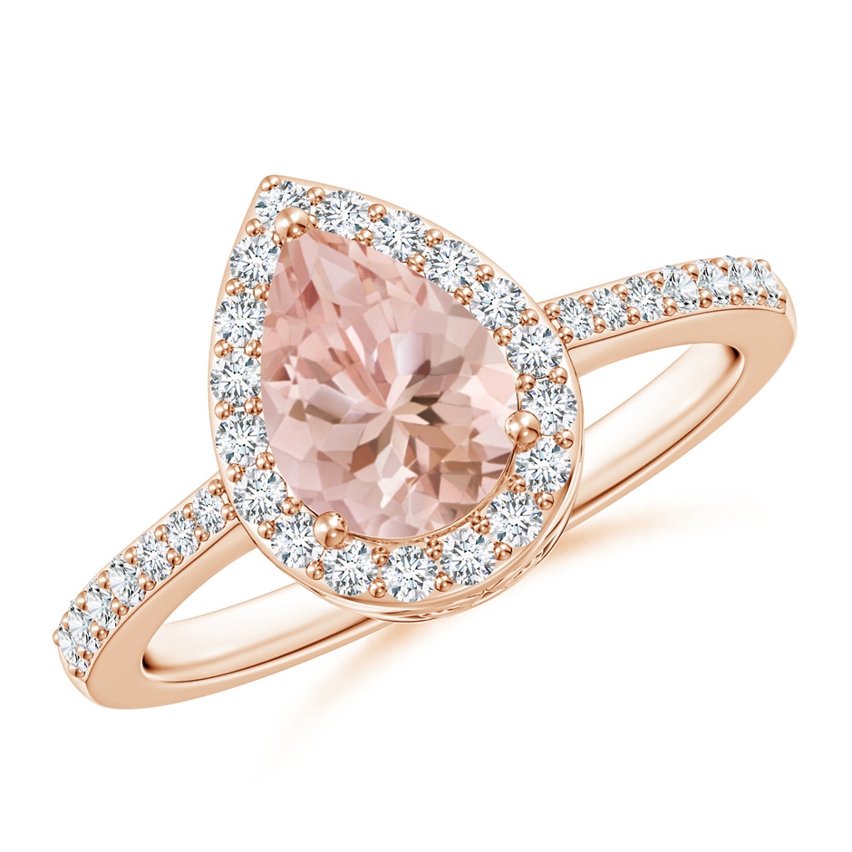 8x6mm AAAA Prong-Set Pear Morganite Ring with Diamond Halo in Rose Gold 