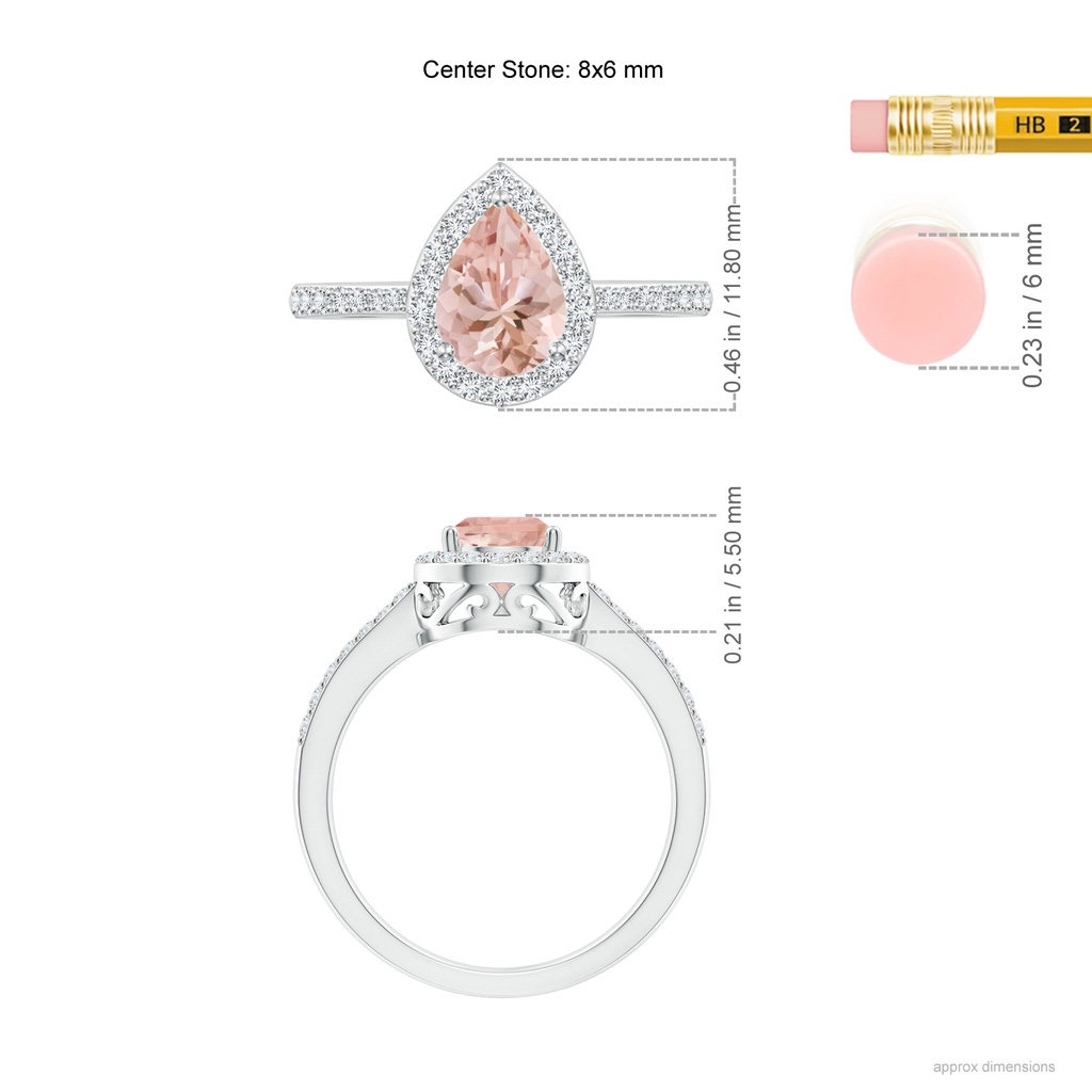 8x6mm AAAA Pear Morganite Ring with Diamond Halo in White Gold Ruler