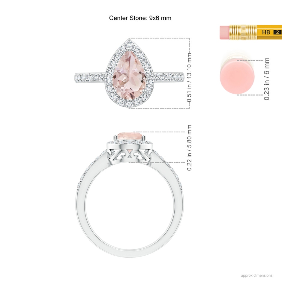 9x6mm A Prong-Set Pear Morganite Ring with Diamond Halo in White Gold ruler