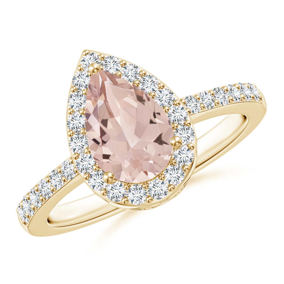 9x6mm AA Prong-Set Pear Morganite Ring with Diamond Halo in Yellow Gold 