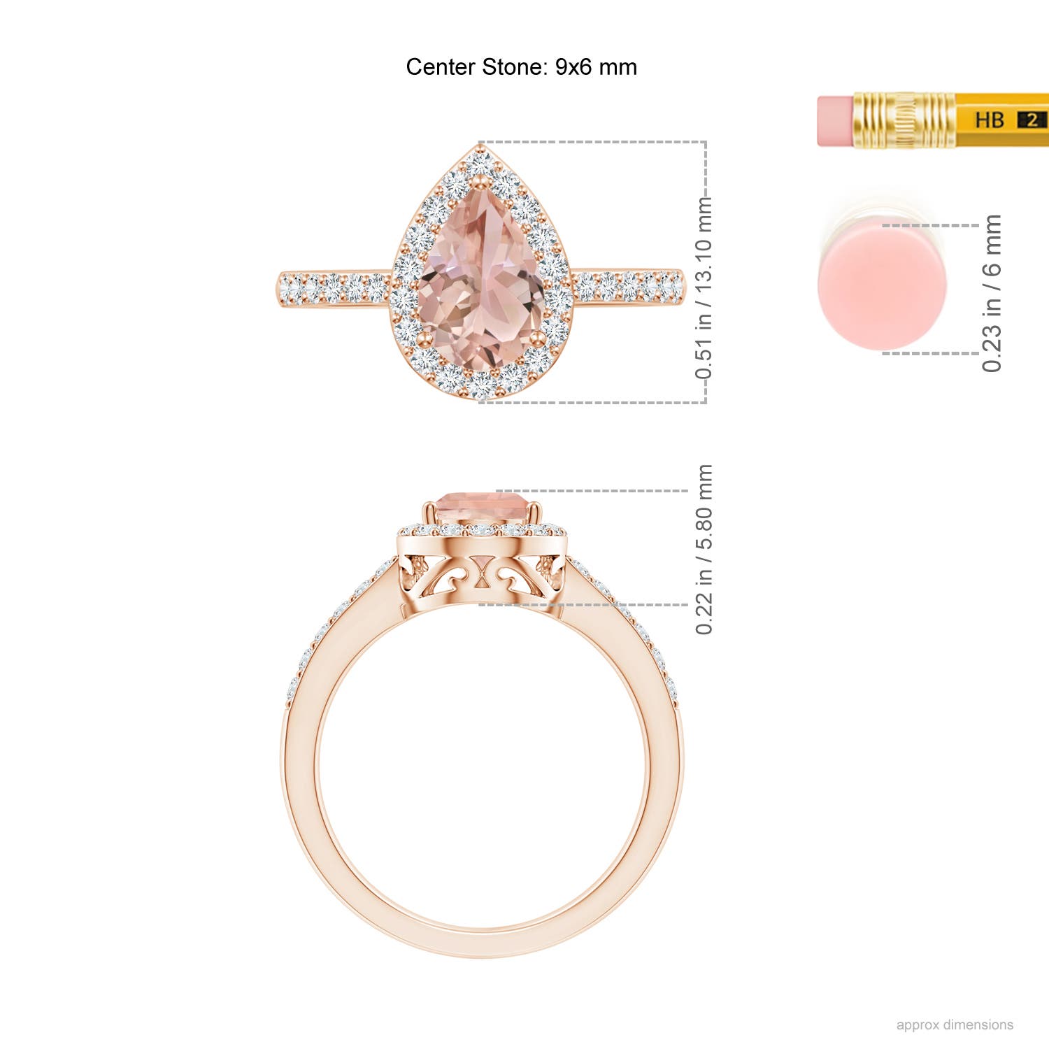 9x6mm AAA Prong-Set Pear Morganite Ring with Diamond Halo in Rose Gold - ruler