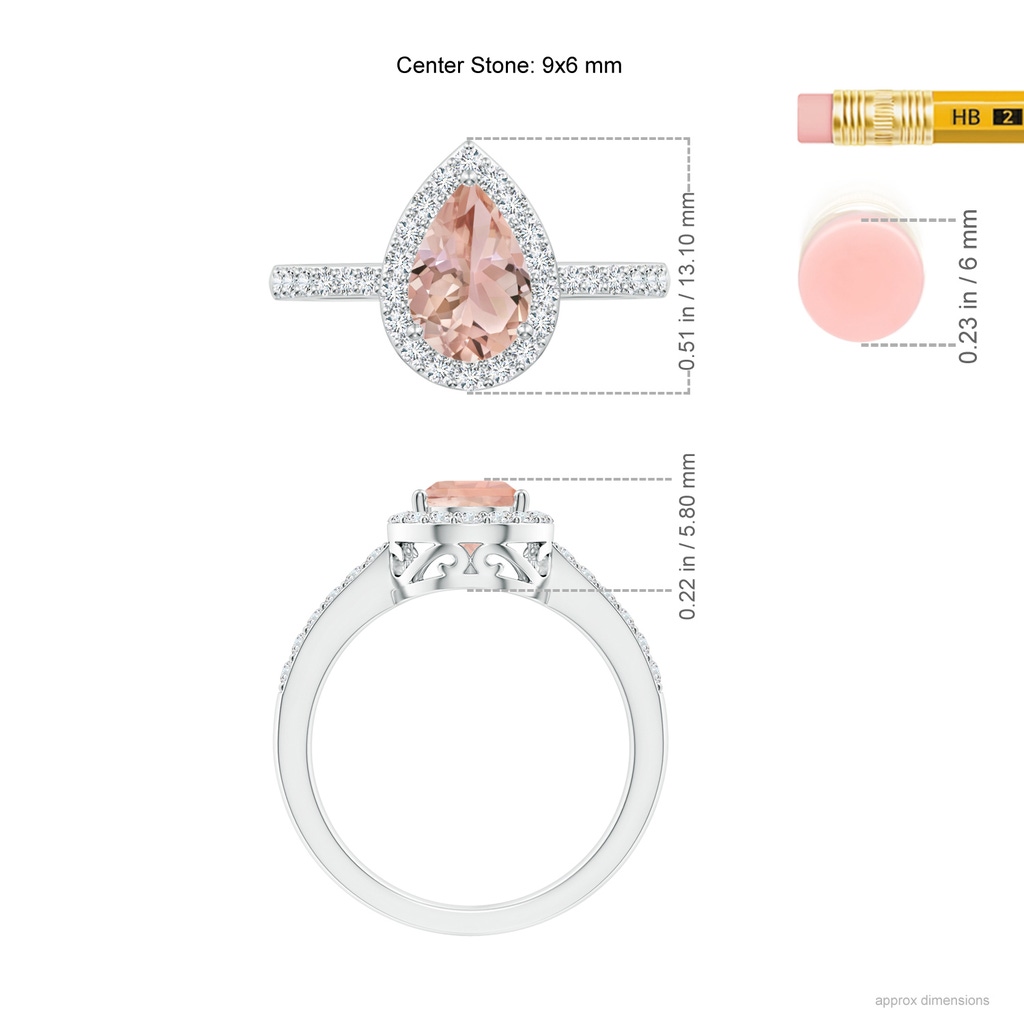 9x6mm AAA Pear Morganite Ring with Diamond Halo in White Gold Ruler